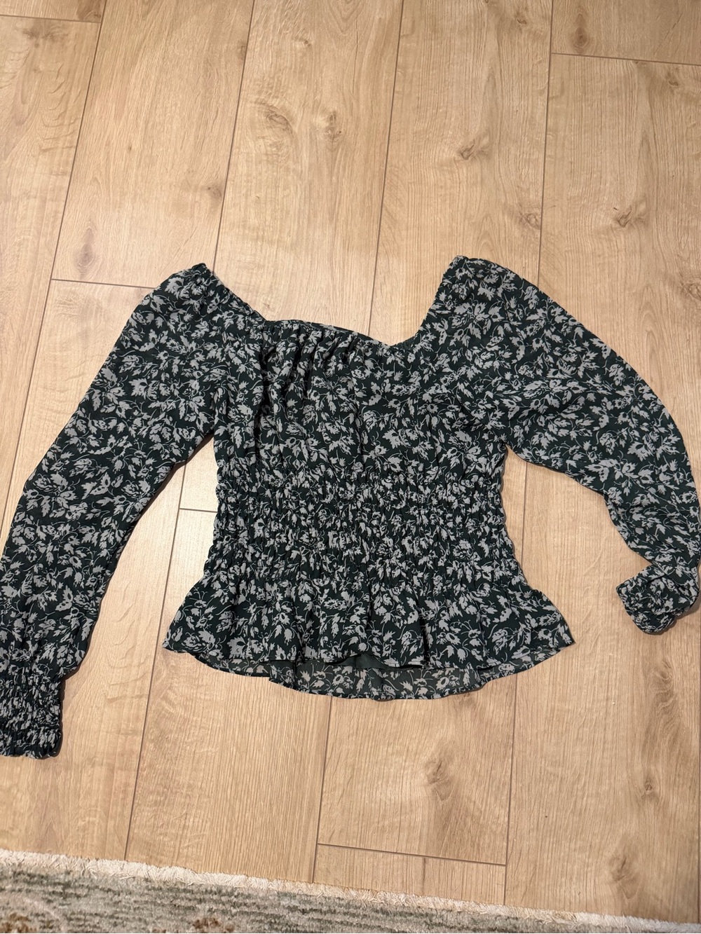 Madewell Black Floral Smocked Off-Shoulder Long Sleeve Top
